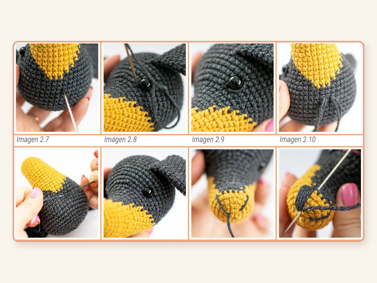 Primeros planos del bordado, los ojos y las costuras del amigurumi