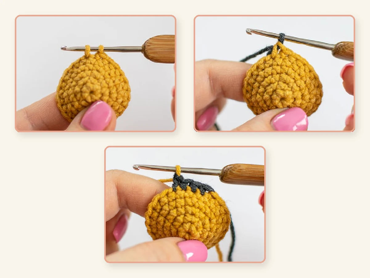 Secuencia fotográfica del cambio de color al tejer una pieza de amigurumi
