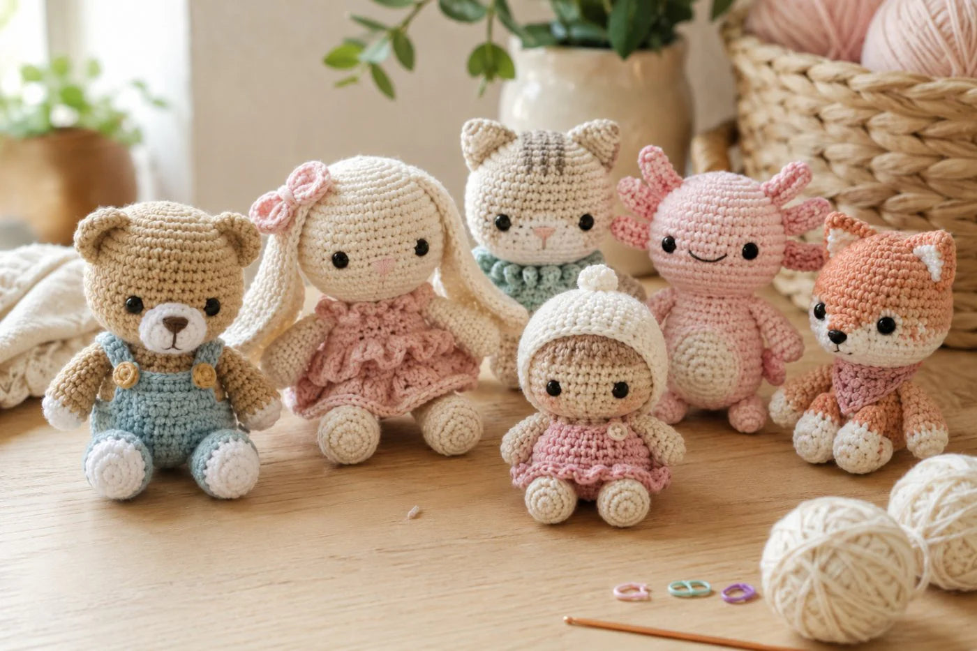 Amigurumis tejidos a mano: osito, conejita, gatito, ajolote y zorrito