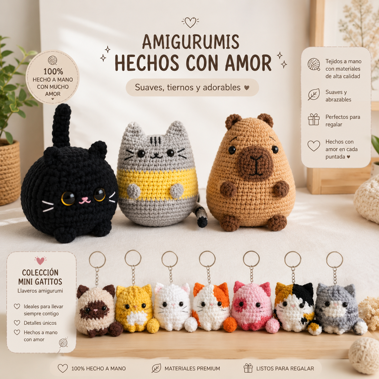Amigurumis hechos con amor: gatitos, capibara y colección de llaveros