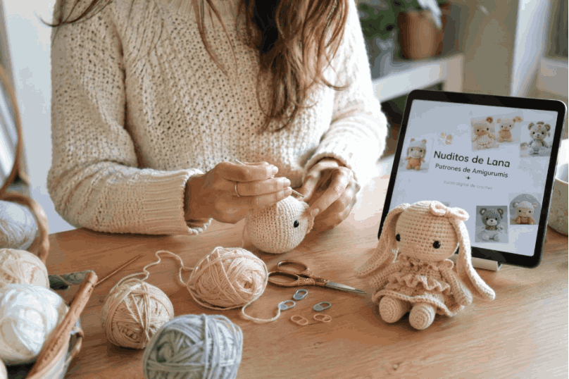 Mujer tejiendo un amigurumi junto a su tablet con el curso