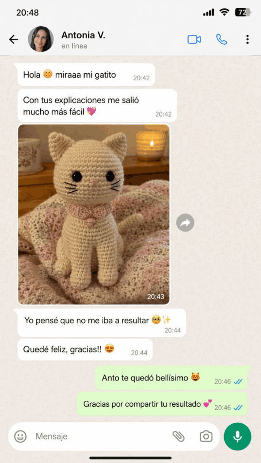 Reseña real de una alumna por WhatsApp