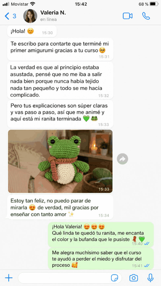 Reseña real de una alumna por WhatsApp