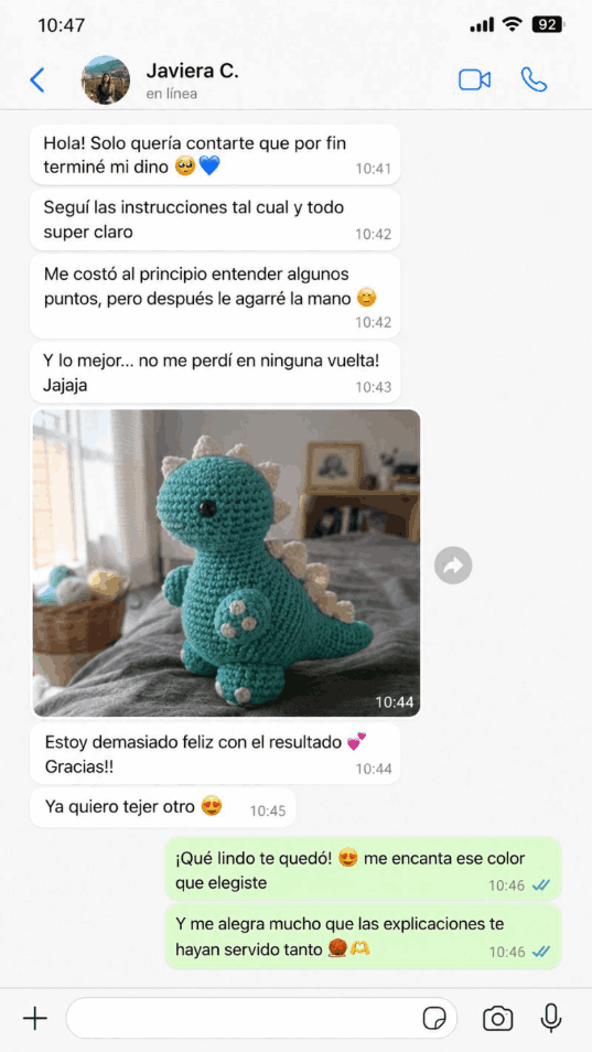 Reseña real de una alumna por WhatsApp